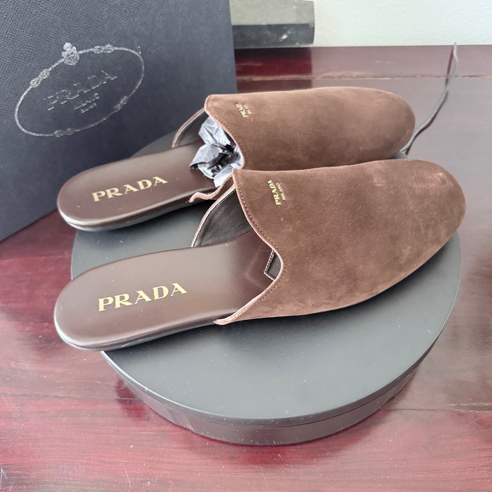 Prada 2S2986 Brown Suede Mules Gold Logo Slip On Loafers Mens Shoes 9.5 - Picture 9 of 11